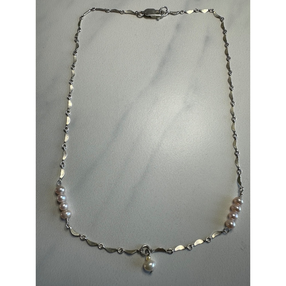 Sterling Silver Pink Freshwater Pearl Wavy Link Necklace 16.5 Inch 925 Sterling